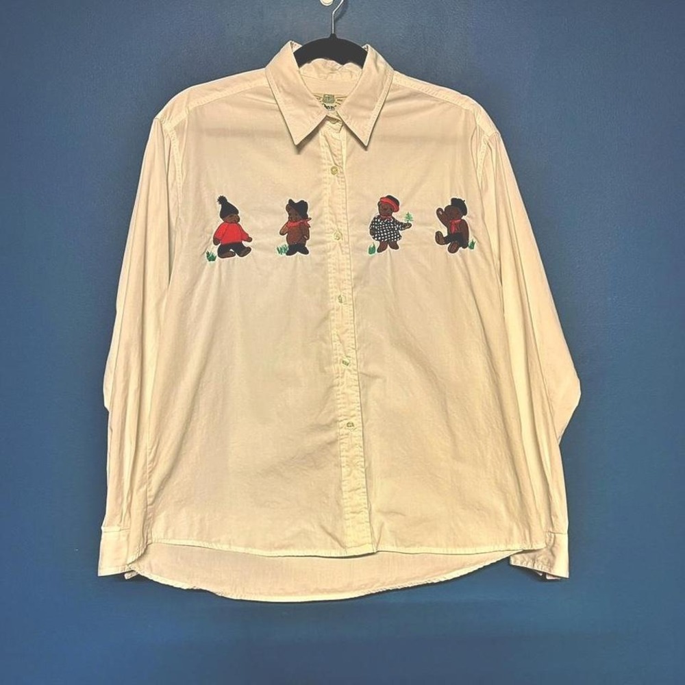 Vintage‎ 90s Bear Shirt Women's Size Large Cotton Embroidered Twee Grandmacore